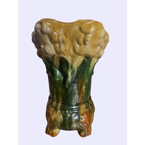 Vintage Majolica Style Glazed Ceramic Vase Putti Cherubs Green & Yellow Floral - Picture 5 of 9